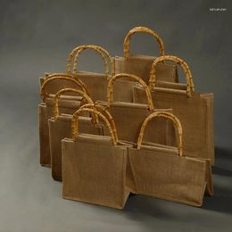 Shopping Bags Portable Burlap Jute Bag Handbag Bamboo Loop Handles Reusable Tote