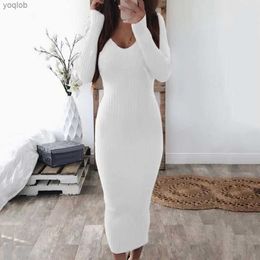 Basic Casual Dresses Sexy Backless Bodycon Long Sleeve Dress Slim Midi Dress Women V Neck Ribbed Knitted Midi DressL2403