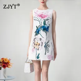 Casual Dresses ZJYT Women's Floral Print Tank Dress Summer 2024 Runway Designer Sleeveless Beading Jacquard Above Knee Vestidos