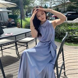 Casual Dresses GkyocQ French Elegant Women Dress Satin Formal Party Sleeveless Niche Design Lace-up Waist A Line Long Blue