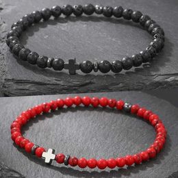 Beaded New Charm Natural Lava Rocks Stone Beads Bracelet Jesus Cross Beaded Bracelets Handmade Men Women Prayer Fitness Chain Jewellery 240423