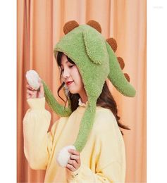 Beanies Women Winter Bomber Cap y Plush Hoodie Scarf Hat With Moving Jumping Ears Female Funny Cartoon Dinosaur Warm Earflap6536199