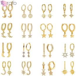 Earrings 925 Sterling Silver Needle Moon and Star Pendant Gold Hoop Earrings for Women Piercing Ohrringe Zircon Pave Earrings INS Jewellery