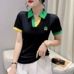 Shirts Tshirt Woman Short Sleeve Tee Clothing Striped Polo Neck Shirts for Women Flower Tops with Collar V Luxury Youth Trend Golf New