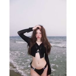 Instagram Bikini Design Sensual Three Point High Crossed Slim Black Triangle Split Swimsuit
