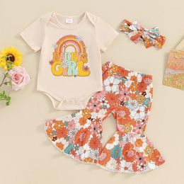 Clothing Sets 2024-02-26 Lioraitiin Born Baby Girls Summer Outfits Short Sleeve Romper Floral Flare Pants Headband Clothes Set