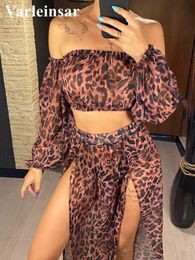 2024 Leopard Off Shoulder Long Sleeve 2 Pieces Set Beach Cover Up Coverups Dress Wear Beachwear Female Women V3728 240417