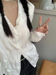 Women's Blouses Korean Solid Long Sleeve Sun Proof Top Women Vintage Design Lapel Collar Loose Shirt Female France Casual Ruffle Primer Tops