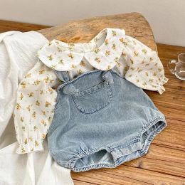 Sets Newborn Baby Girls Clothing Set Long Sleeved Cotton Printed Shirt+Sleeveless Denim Jumpsuit Spring Autumn Children Clothing Suit