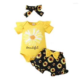 Clothing Sets Baby Girl Summer Outfits Letter Print Short Sleeve Rompers Sunflower Shorts 3Pcs Clothes Set