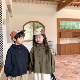 Jackets Autumn Korean Children Hooded Trench Coat Boys Girls Loose Casual Green Cotton Jacket Baby Kids Outerwear