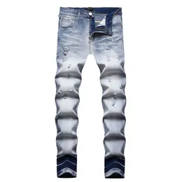 Men's Jeans 2024 Slim Ripped Elastic Light Blue Small Feet Denim Pants High Quality Suitable For All Seasons