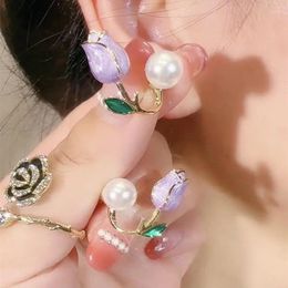 Stud Earrings French Light Luxury Tulip Flower Pearl Tassel Earring For Women Temperament Elegant Zircon Jewelry Exquisite Gift