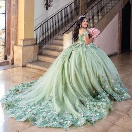 Mint Green Princess Quinceanera Dresses Off Shoulder 3D Floral Applique Puffy Skirt Corset vestidos de 15 anos quinceaneras 2024