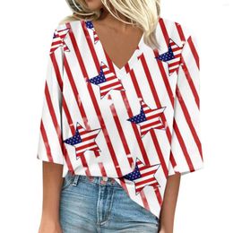 Women's T Shirts Loose-Shirt Seven Sleeve V-Neck Independence Day Print Casualop Cropped Offers Youthful 2024