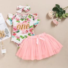 Clothing Sets 0-2 Years Born Baby Girls Princess Dress Short Sleeve Romper Net Yarn Skirt Floral Headband Toddler Girl 3PCS Summer Outfit