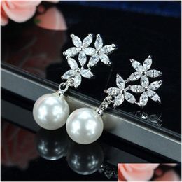 Stud Diamond Flower Designer Earring For Woman Party 3A Zirconia White Imitation Pearl Earrings Luxury Long Studs Jewelry Daily Outfit Dhhy4