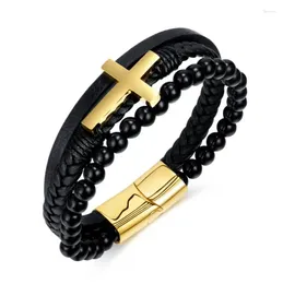 Link Bracelets Personality Leather Hand-woven Accessory Bracelet Stainless Steel Cross Men's Accessories 8.26inch