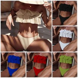 New Style Swimsuit with Ruffled Edge, Strapless Hot Spring, Sexy Swimsuit, Bikini Women's Split Body, New Solid Colour