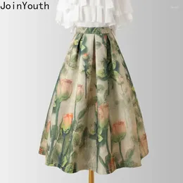 Skirts Vintage Women Clothing High Waist Temperament Floral Jupe Summer Korean Saia Chic Elegant Skirt 2024 Faldas Mujer De Moda