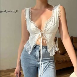 Women's Tanks Women Spaghetti Straps Camisoles Solid Colour Lace Trim Tie-up Front Sleeveless Sling Tank Tops Summer Vests Crop Streetwear 757