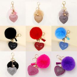 Keychains Faux Fur Plush Ball Keychain Alloy Rhinestone Heart Key Ring Solid Color Bag Pendant Women