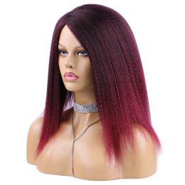 Wigs Belle Show Yaki Hair Wigs Afro Kinky Straight Hair Wigs 14 Inches Wine Red Wigs Natural High Temperature