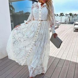 Casual Dresses Women Autumn Holiday Long Dress Lapel Sleeve Hollow Out Embroidery Lace Shirt Waist Tight Single Breasted Maxi