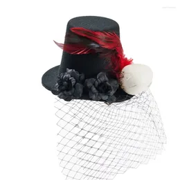 Berets Top Hat Unisex Cosplay For Halloween Industrial Age With Gear Feather Skull Rose