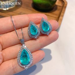 Necklaces Wedding Jewelry Sets Paraiba Tourmaline Blue Stone Aquamarine Lab Diamonds Women's Pendant Necklace Earrings Party Accessories