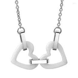 Chains Fashion Sweet Jewelry Female Crystal From Austrian Double Heart White Ceramic Titanium Steel Necklace Fit Women