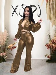 Women's Two Piece Pants Women 2 Set Outfit Winter Lantern Sleeve Top And Pant Pu Leather Outfits Night Club Sexy Wear Wholesale Drop