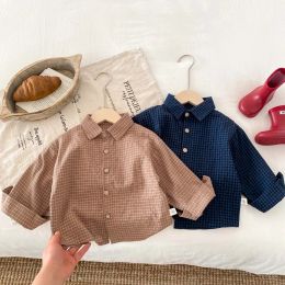 Shirts 2024 Children Clothes New Spring Autumn Boy Baby Retro Plaid Long Sleeves Shirt Kid Girl Lapel Cotton Blouse Toddler Casual Tops