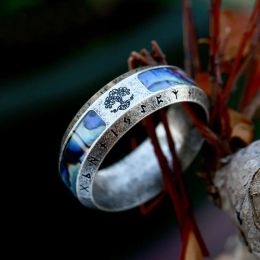 Bands Fashion Viking Tree Of Life Stainless Steel Abalone Shell Rings For Men Odin Norse Viking Rune Rings Retro Amulet Jewelry Gift