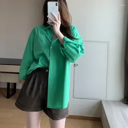 Women's Blouses Candy Green Loose Shirt Retro Solid Color Long Sleeve Midi Top For Women