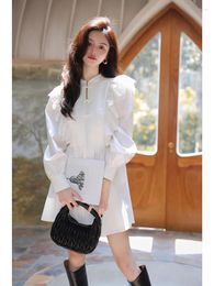 Casual Dresses Hikigawa 2024 Autumn Solid Long Sleeve Causal Women Dress Slim Waist All Match Chic Fashion Elegant Vestido De Mujer