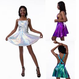 Fashion Sexy Suspender Dress Holographic Laser Backless Runway Womens Clothing Straight Batch