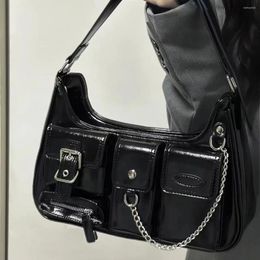 Drawstring Y2k Moto Biker Handbags For Women Gothic Fashion High Street Shoulder Bag Black Patent Leather Casual Coin Purse