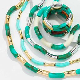 Beaded 2024 Turquoise Bamboo Tube Acrylic Stackable Necklaces Bracelet Women New Resin Chunky Elbow Beaded Bangle Trend Jewelry Collier 240423