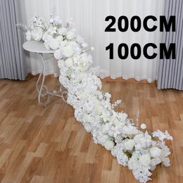 200/50cm Luxury White Rose Artificial Flower Row Wedding Table Centerpiece Flowers Backdrop Wall Arches Decor Party Stage Floral 240416