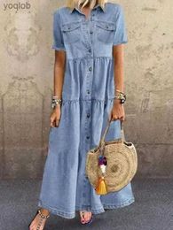 Basic Casual Dresses 2024 Spring Denim Women Dress Long Blue Short Sleeve Elegant Long Dresses Female Casual Fashion Holiday Beach Ladies ClothesL2403