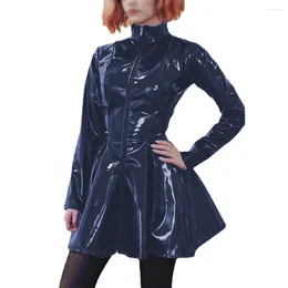 Casual Dresses Vinyl Glossy PVC Leather Sexy Full Sleeve A-line Dress Front Zip Stand Collar Flared Mini Outfits Party Clubwear Vestidos
