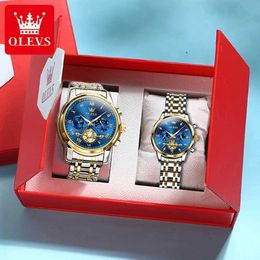 Wristwatches OLEVS Luxury Brand Quartz Couple Watch Waterproof Luminous Lunar Phase Timing Code Watch Lover Date Clock His or Her Watch Set 240423