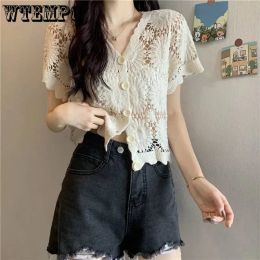 Shirt Womens Knit Cardigan Floral Shirts Short Sleeve Blouse Lace Female Hollow Thin Section Summer Top Cloth Korean Version Fashion