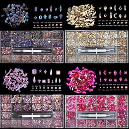 Mixed AB Glass Crystal Diamond Flat Rhinestone Nail Art Decoration Fingers 21 Grid Box Nails Accessories Set With 1 Pick Up Pen 240412