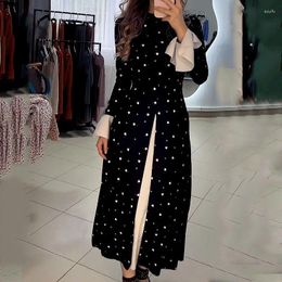 Casual Dresses Ladies Elegant Black White Patchwork Slit Dress Autumn Flare Sleeve Temperament Loose Women Polka Dot Maxi Party