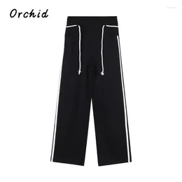 Women's Pants Korean Fashion Black Wide Leg Women Simple Striped Patchwork High Waist Straight 2024 Autumn Trendy All-match Cozy Trouser