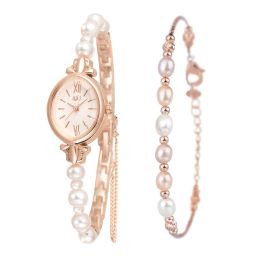 Strands Women Watch Beaded Bangle Set for Girls Luxury Pearl Bead Bracelet Clock Female Ladies Jewellery Niche Fashion Quartz Wristwatch