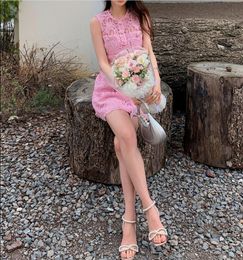 2024 Spring/Summer Self Portrait Pink Fragrant A-line Sleeveless Lace Dress Fashionable and Fashionable Girl Short Skirt
