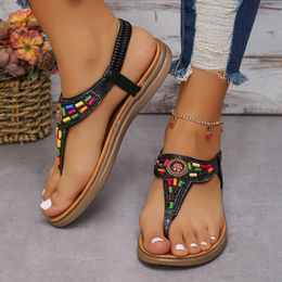 Clip Toe Bohemia Sandals for Woman Summer Flat Heels Colourful Beaded Beach Flip Flops Women NonSlip Rome Shoes Sandalias 240412